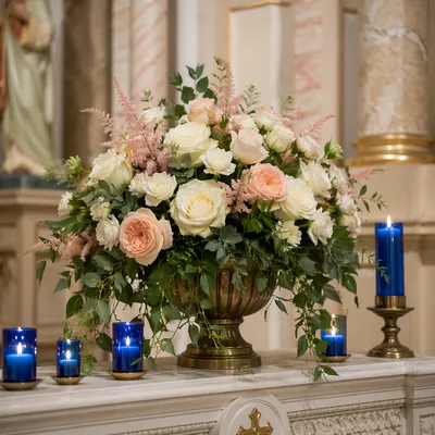 Church Altar Flowers with Blue Candles
