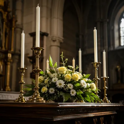 Church Altar Flowers with Brass Candles