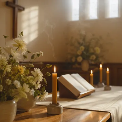 Reverent Chapel Altar with Flowers and Candles