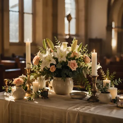 Peaceful Church Altar Flowers and Candles