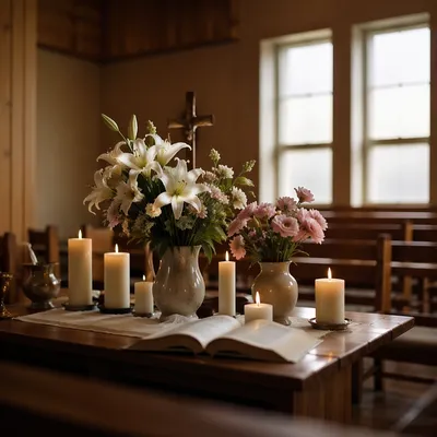 Quiet Chapel Altar with Flowers and Candles
