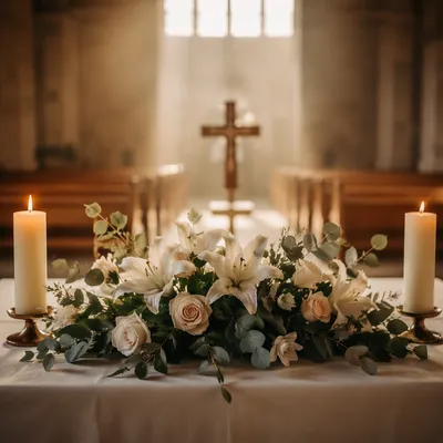 Morning Church Altar with Flowers and Candles