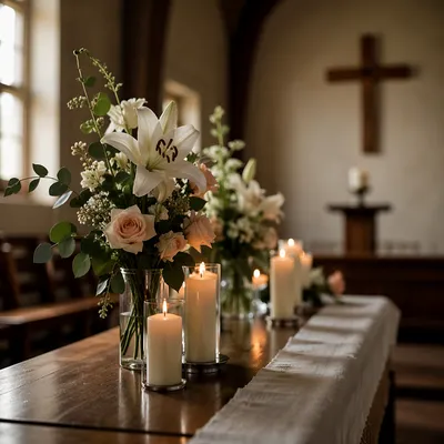 Peaceful Church Altar with Flowers and Candles