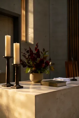 Contemporary Church Altar with Flowers and Candles