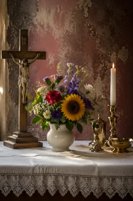 Church Altar Flowers and Candlelight Still Life