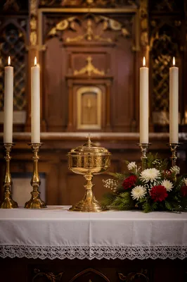Quiet Chapel Altar with Flowers and Candles