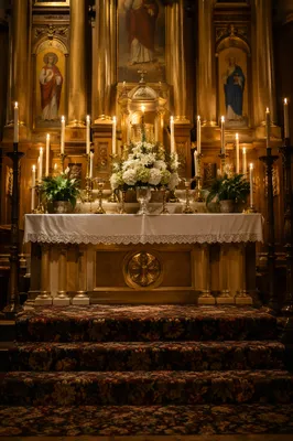Historic Church Altar with Flowers and Candles