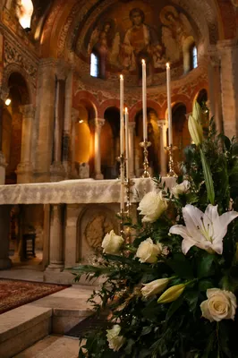 Historic Church Altar with Flowers and Candles