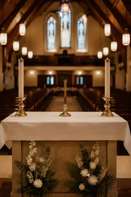 Reverent Church Altar with Flowers and Candles