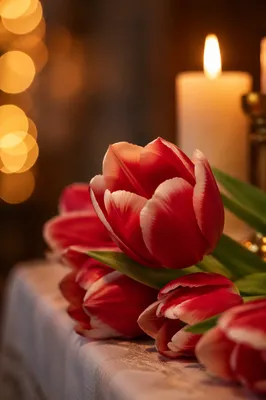 Red Tulips and Candles on Church Altar