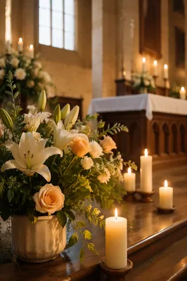 Quiet Church Altar Flowers and Candles