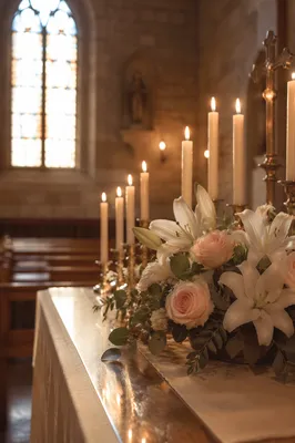 Peaceful Church Altar with Flowers and Candles
