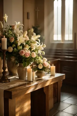 Church Altar Flowers and Glowing Candles