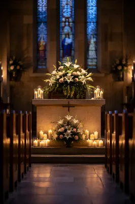 Chapel Altar Flowers and Glowing Candles