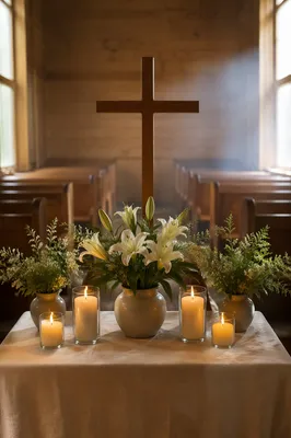 Quiet Church Altar with Lilies and Candles