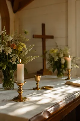 Quiet Chapel Altar with Flowers and Candles