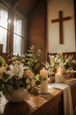 Peaceful Church Altar with Flowers and Candles