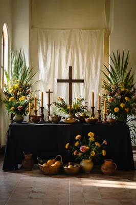 Seasonal Church Altar with Flowers and Candles