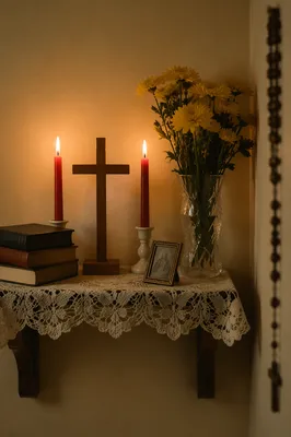 Home Devotional Altar with Candles and Flowers