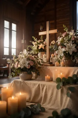 Peaceful Church Altar with Flowers and Candles