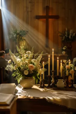 Peaceful Chapel Altar with Flowers and Candles