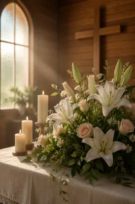 Peaceful Chapel Altar with Flowers and Candles