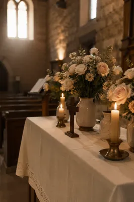 Quiet Church Altar with Flowers and Candles