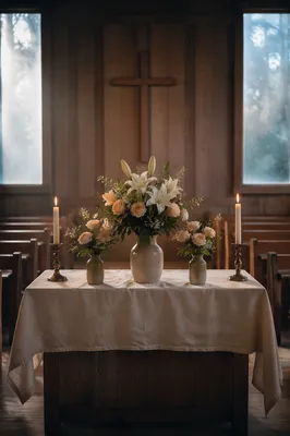 Quiet Church Altar with Flowers and Candles