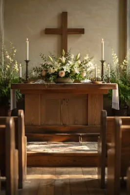 Morning Church Altar with Flowers and Candles