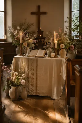 Quiet Chapel Altar with Flowers and Candles