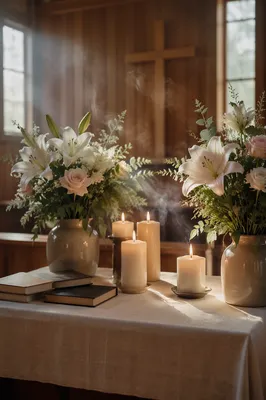 Morning Altar Flowers and Candlelight