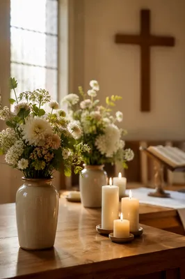 Quiet Church Altar with Flowers and Candles