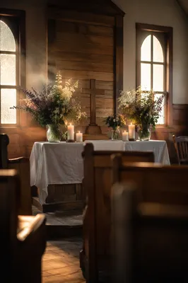 Peaceful Chapel Altar with Flowers and Candles