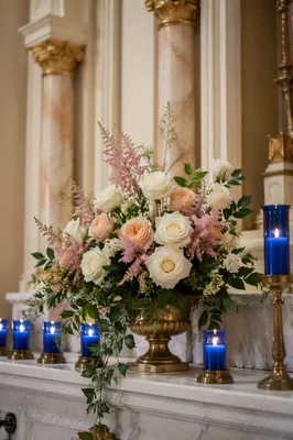 Church Altar Flowers with Blue Candles