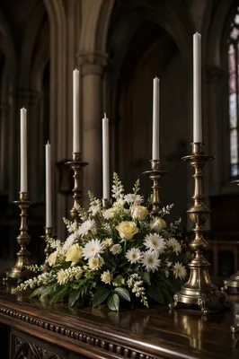Quiet Church Altar with Flowers and Candles