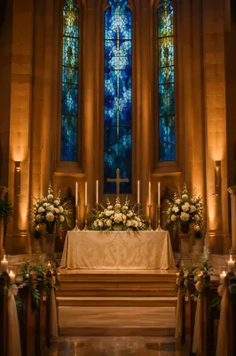 Candlelit Church Altar with Floral Arrangements