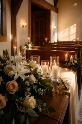 Peaceful Chapel Altar with Flowers and Candles