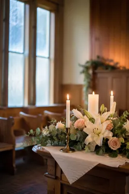 Peaceful Chapel Altar with Flowers and Candles