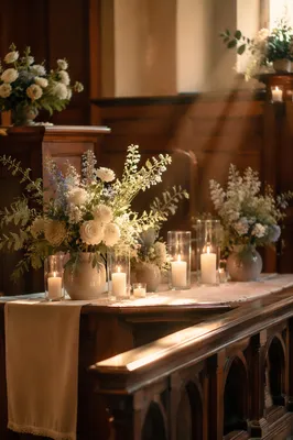 Quiet Chapel Altar with Flowers and Candles