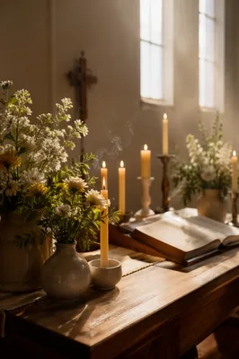 Reverent Chapel Altar with Flowers and Candles
