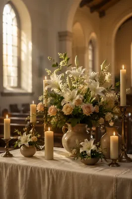 Morning Altar Flowers and Candlelight