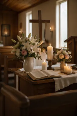 Candlelit Chapel Altar with White Lilies