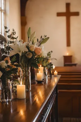Quiet Church Altar with Flowers and Candles