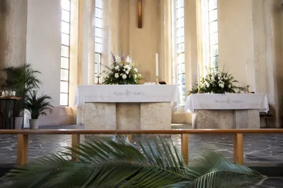 Church Altar Flowers and Candlelight Sanctuary