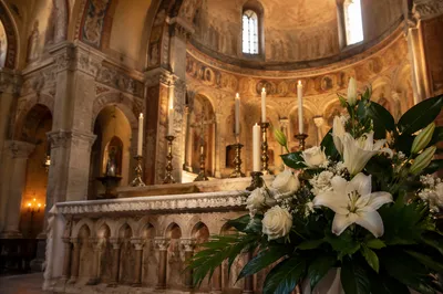 Historic Church Altar with Flowers and Candles