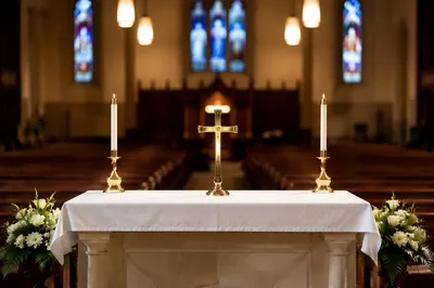 Reverent Church Altar with Flowers and Candles