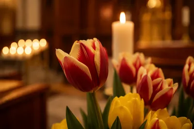 Red Tulips and Candlelit Church Altar