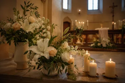 Peaceful Church Altar with Flowers and Candles