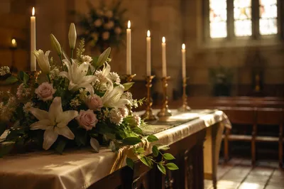 White Lilies and Candles on Church Altar