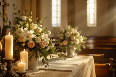 Morning Church Altar with Flowers and Candles